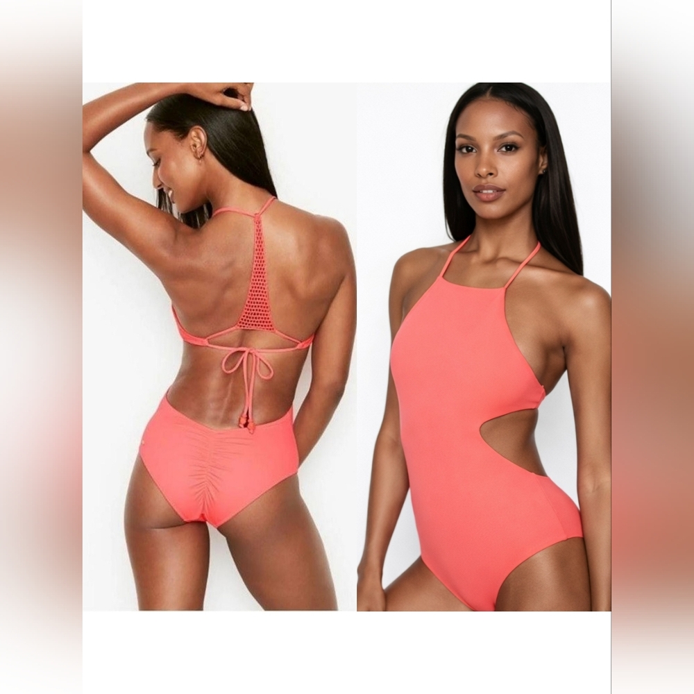 VS Coral Pink Halter One-Piece Swimsuit Crochet Racer Back S